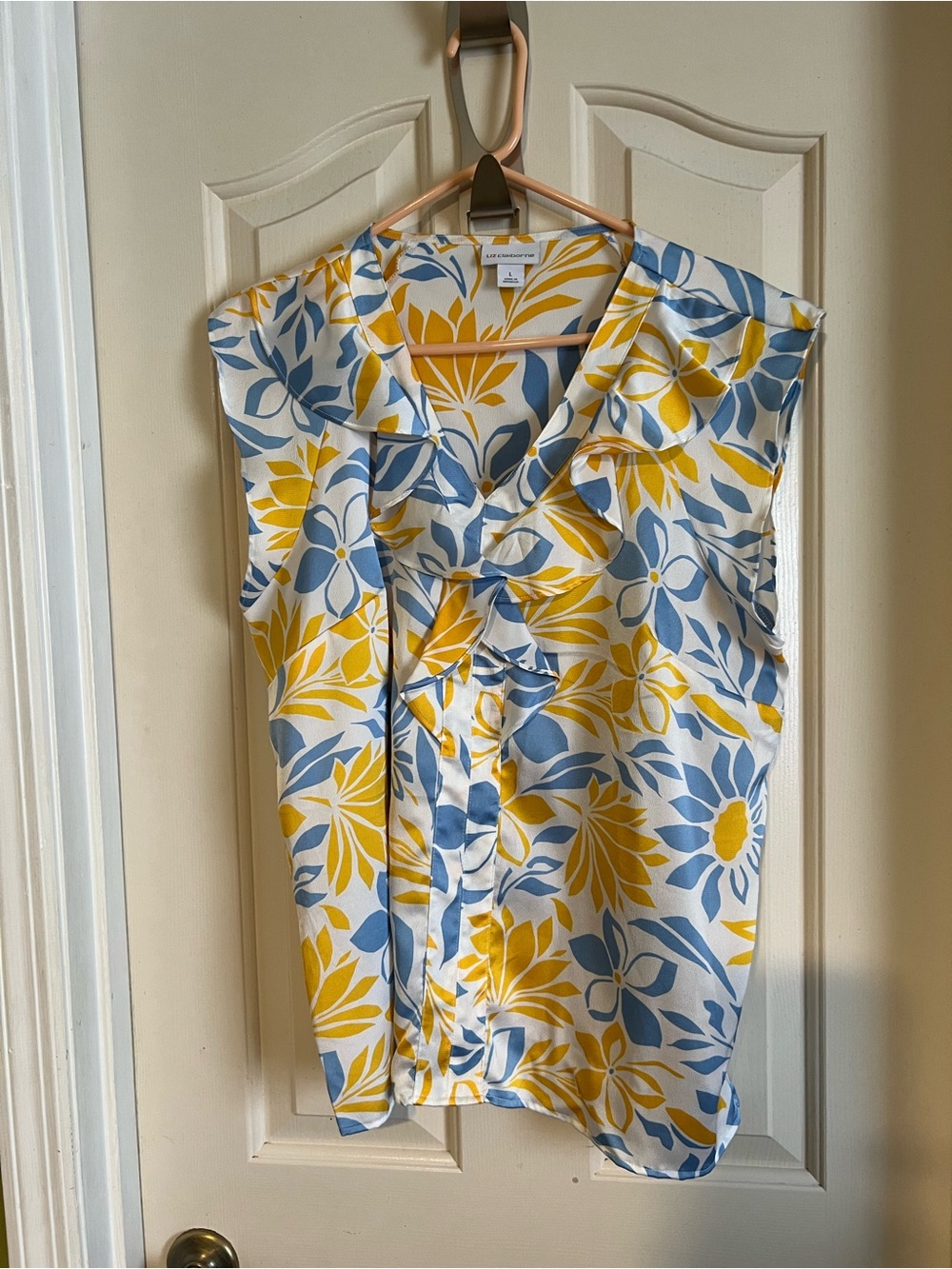LOFT Yellow & Blue Floral Ruffle Sleeveless Blouse